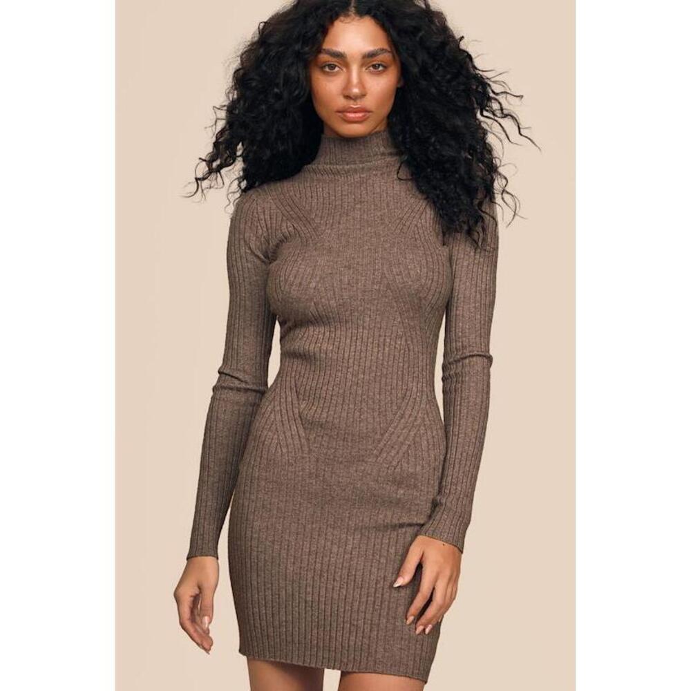 Lulus Snug As Can Be Heather Taupe Ribbed Mock Neck Sweater Dress - Size XS
